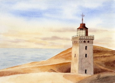Postkarte DIN-A6 Aquarell Maritim Kunst Druck Kunstdruck Nordsee Dänemark Danmark Leuchtturm Rubjerg Knude Düne Blokhus Lokken Sonnenuntergang